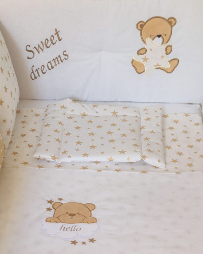 Set lenjerie CONFORT cu laterale combinate clasic & tip perne- NOOKA Teddy Dots Beige