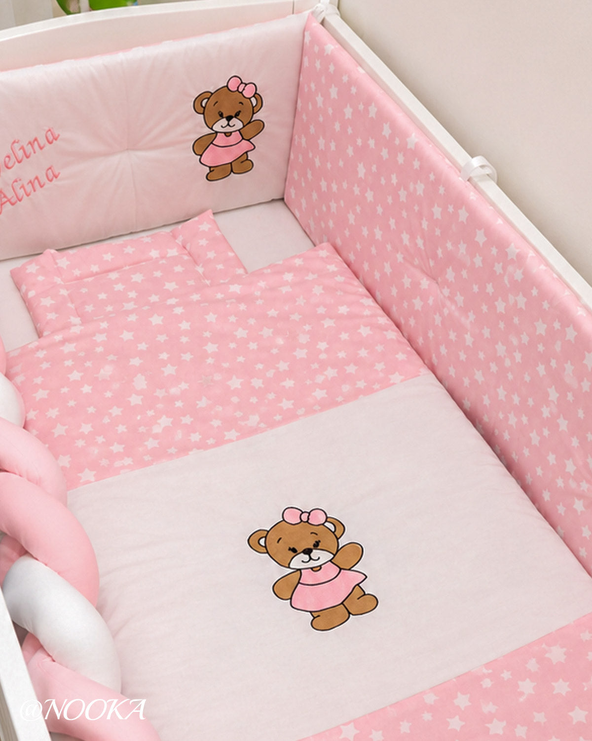 Set lenjerie ESENTIAL cu aparatori combinate NOOKA  Little Bear Pink