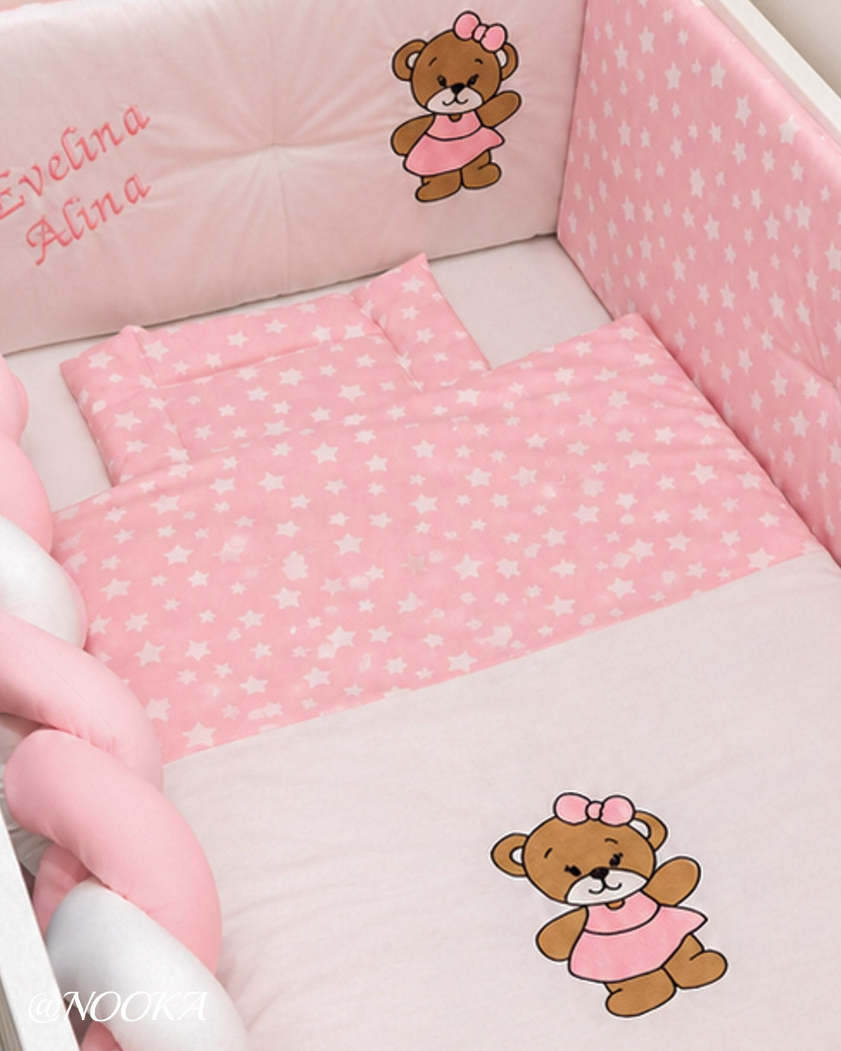Set lenjerie ESENTIAL cu aparatori combinate NOOKA  Little Bear Pink