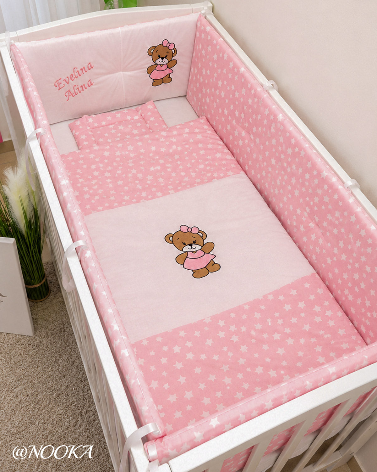 Set lenjerie ESENTIAL cu aparatori clasice NOOKA  Little Bear Pink