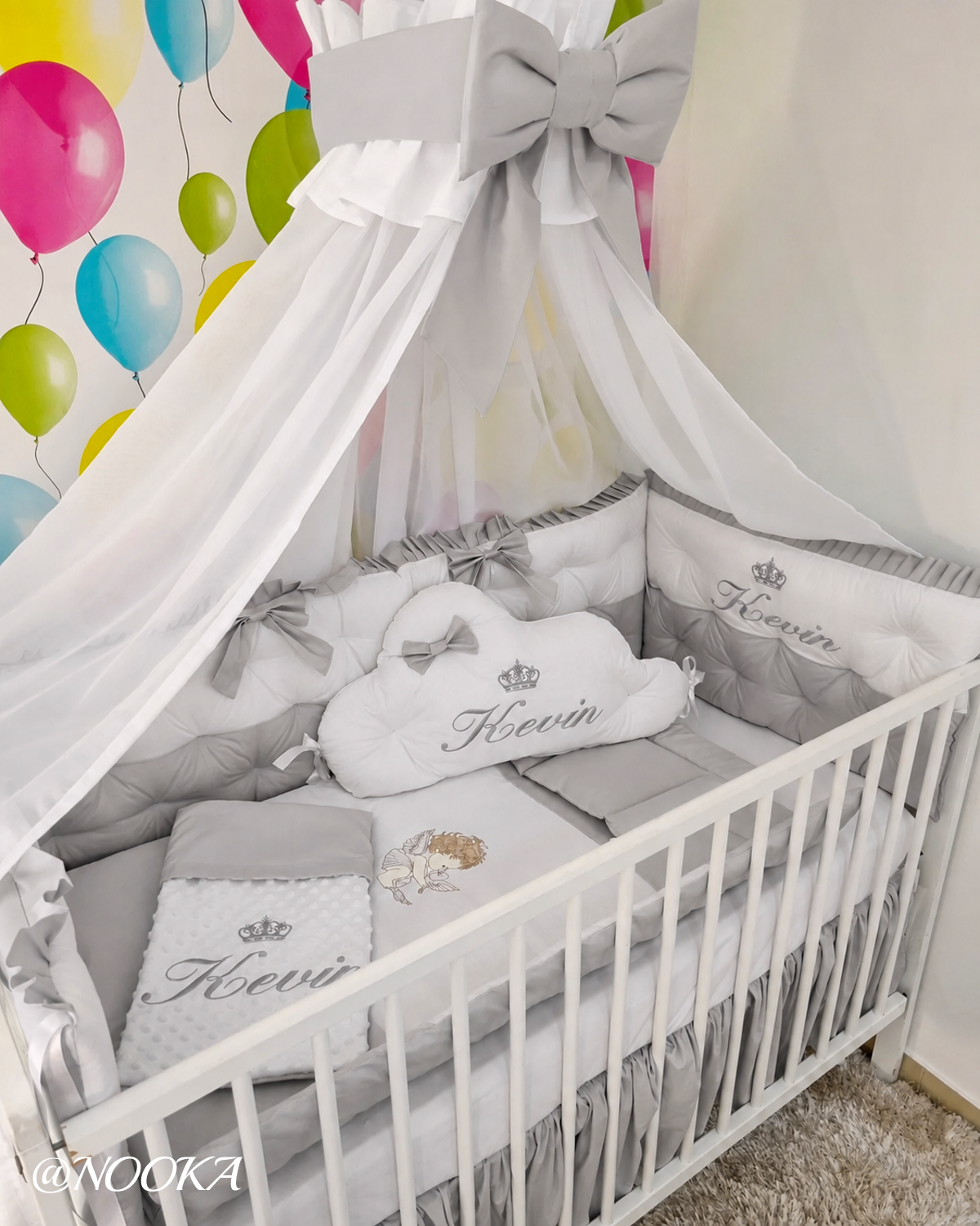 Set lenjerie PREMIUM laterale matlasate cu baldachin decorativ - NOOKA Silver Prince
