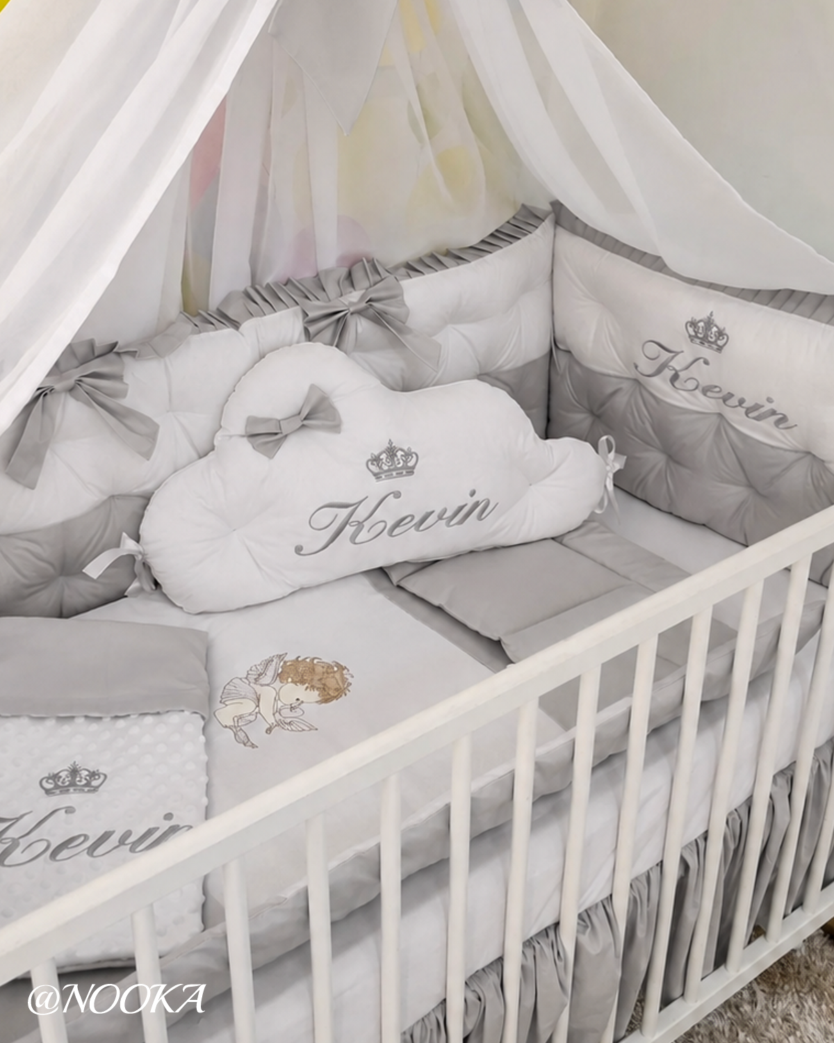 Set lenjerie PREMIUM laterale matlasate cu baldachin decorativ - NOOKA Silver Prince