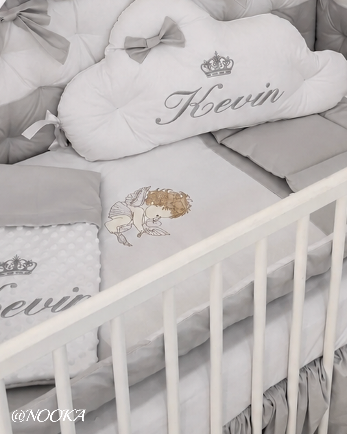 Set lenjerie PREMIUM laterale matlasate cu baldachin decorativ - NOOKA Silver Prince