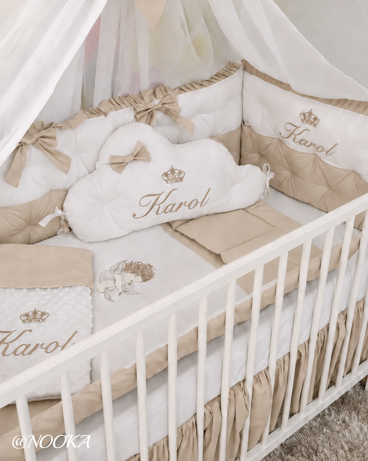 Set lenjerie PREMIUM laterale matlasate cu baldachin decorativ - NOOKA Royal Beige