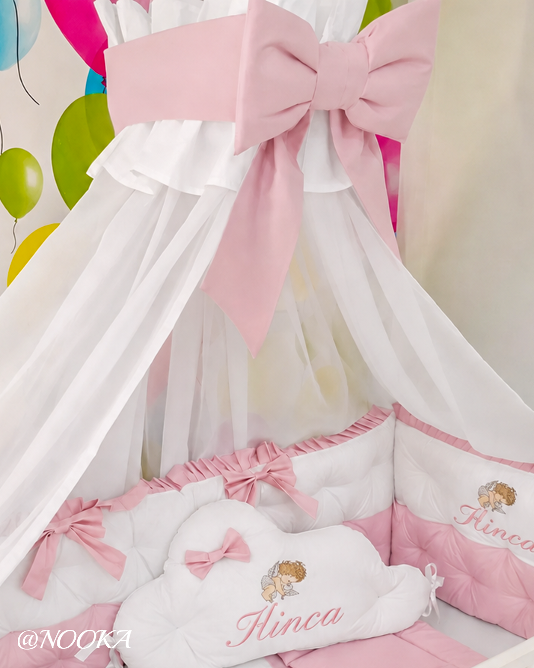 Set lenjerie PREMIUM laterale matlasate cu baldachin decorativ - NOOKA Pink Angel