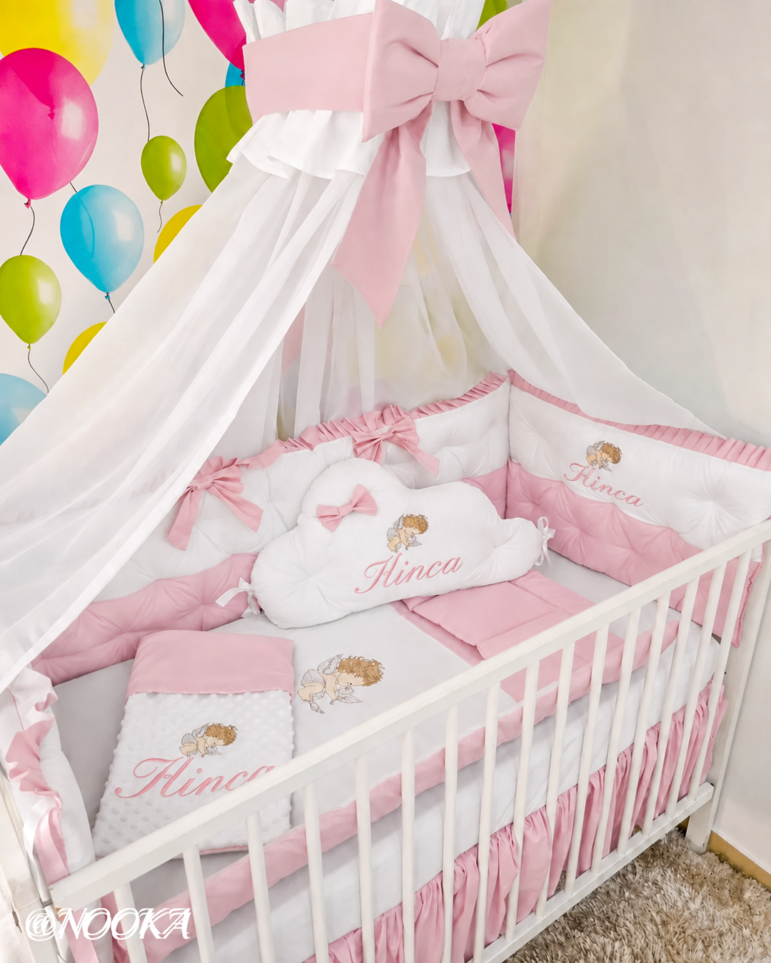 Set lenjerie PREMIUM laterale matlasate cu baldachin decorativ - NOOKA Pink Angel