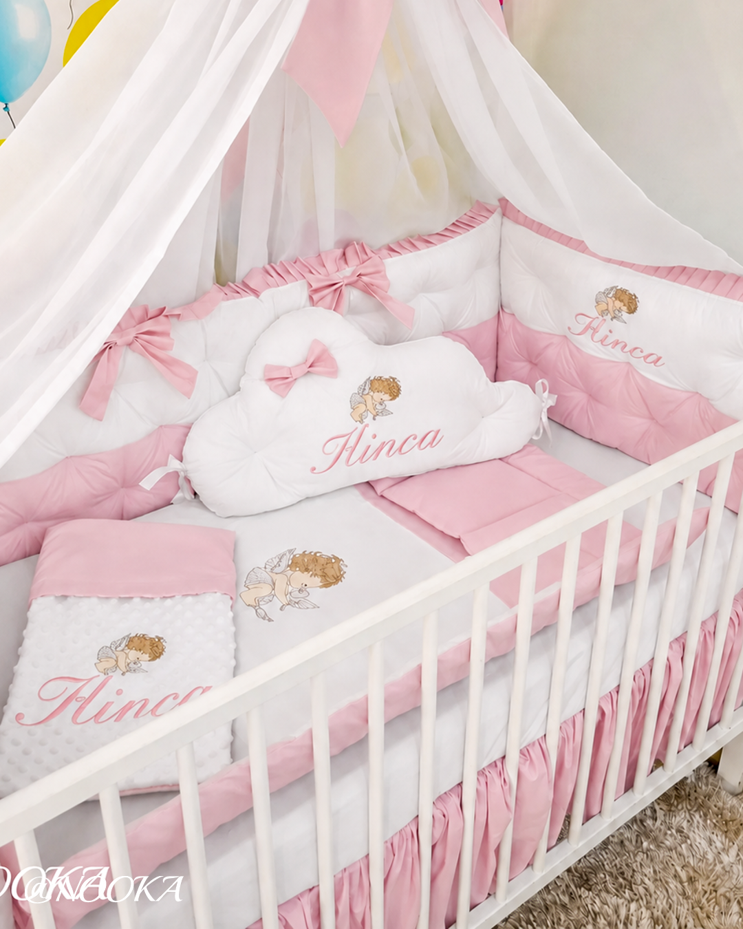 Set lenjerie PREMIUM laterale matlasate cu baldachin decorativ - NOOKA Pink Angel