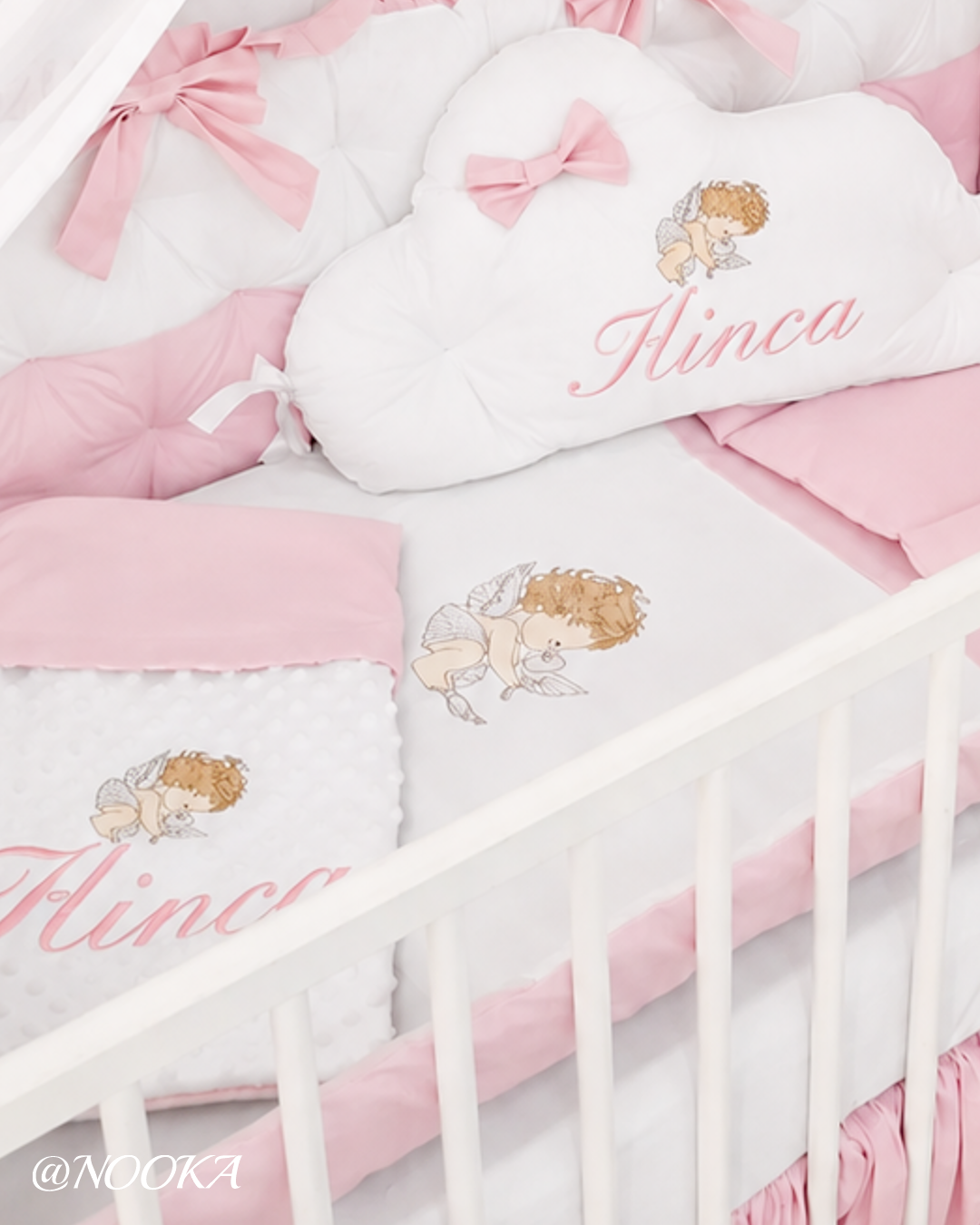 Set lenjerie PREMIUM laterale matlasate cu baldachin decorativ - NOOKA Pink Angel