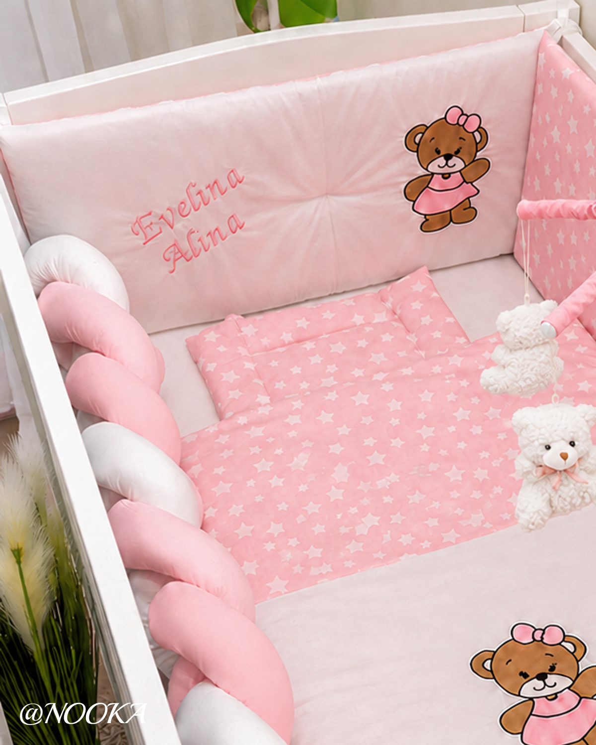 Set lenjerie ESENTIAL cu aparatori combinate NOOKA  Little Bear Pink