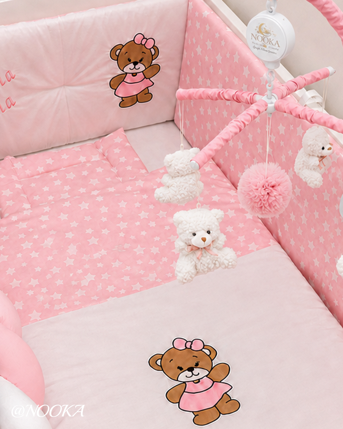Set lenjerie ESENTIAL cu aparatori combinate NOOKA  Little Bear Pink