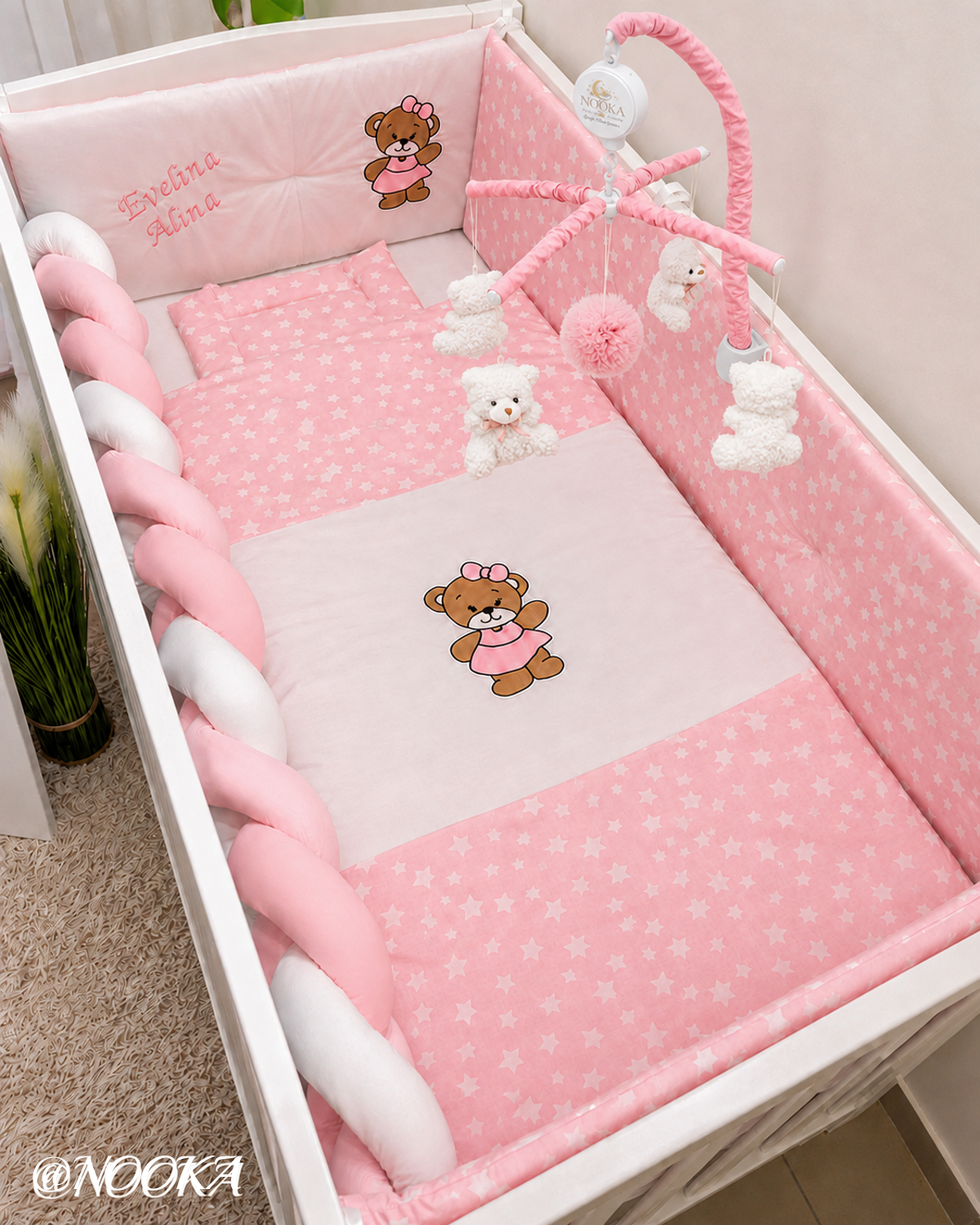 Set lenjerie ESENTIAL cu aparatori combinate NOOKA  Little Bear Pink