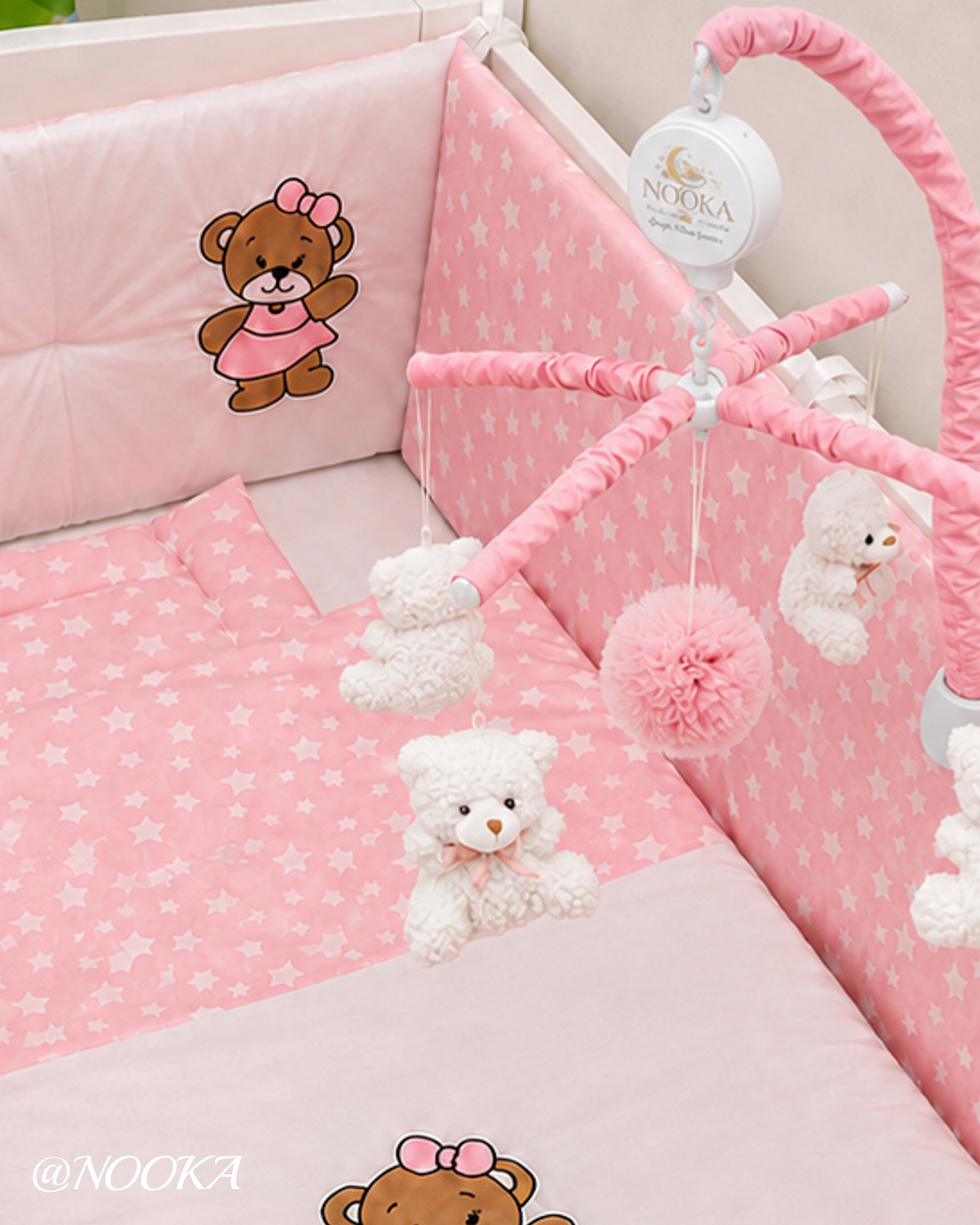 Set lenjerie ESENTIAL cu aparatori combinate NOOKA  Little Bear Pink