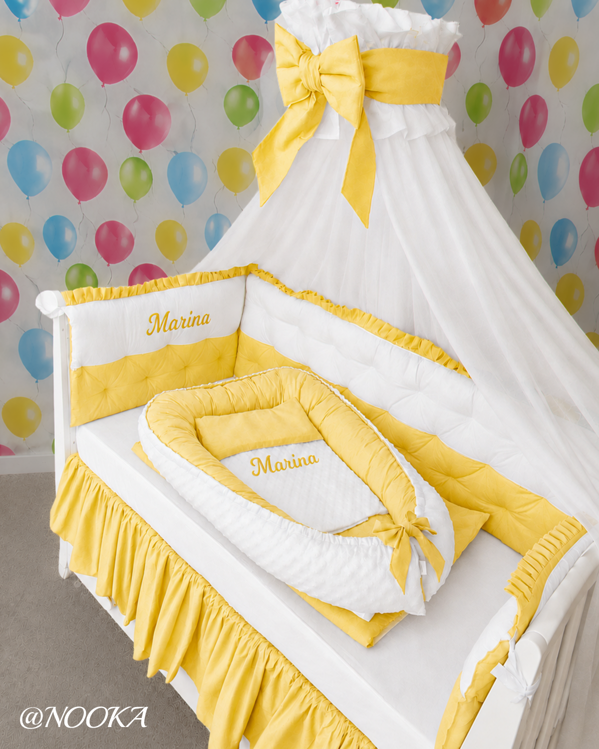 Set lenjerie PREMIUM laterale matlasate cu baldachin decorativ & Baby Nest -Nooka Little Sunshine