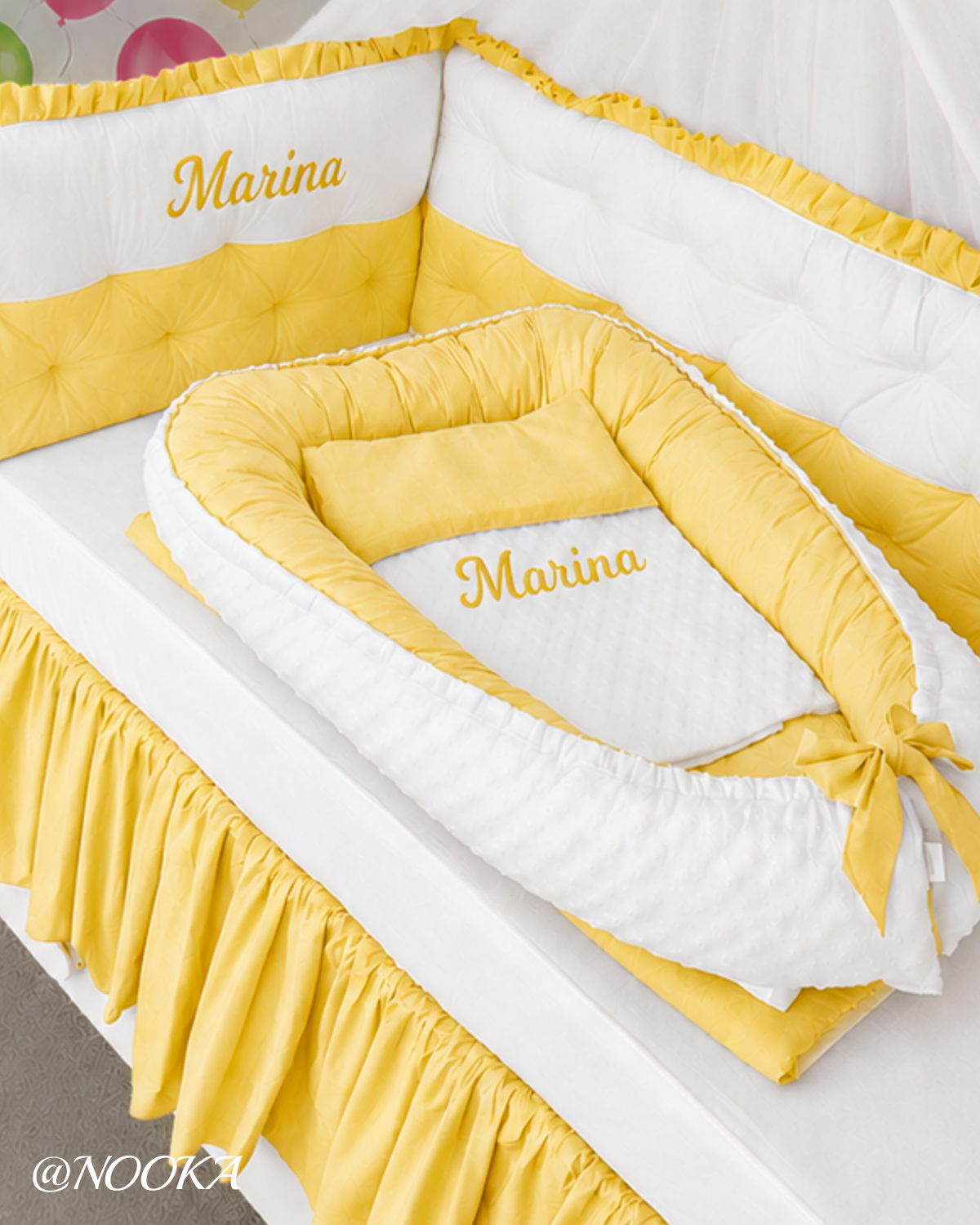 Set lenjerie PREMIUM laterale matlasate cu baldachin decorativ & Baby Nest -Nooka Little Sunshine