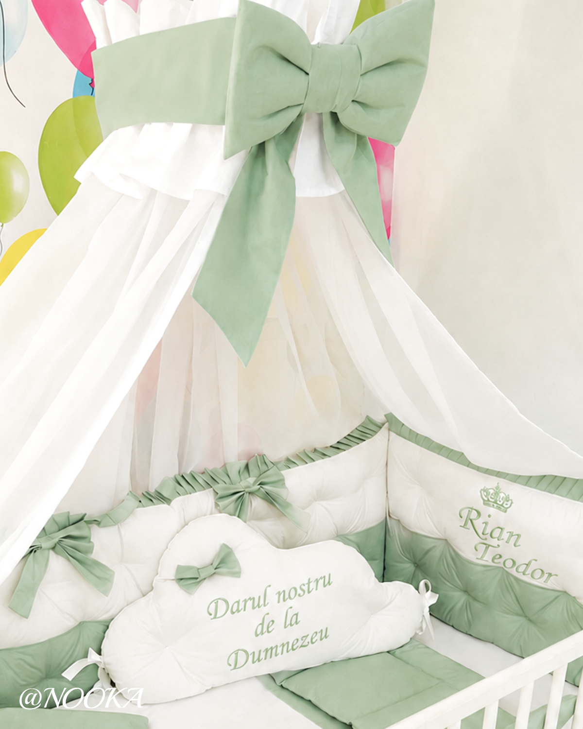 Set lenjerie PREMIUM laterale matlasate cu baldachin decorativ - NOOKA Sage Angel