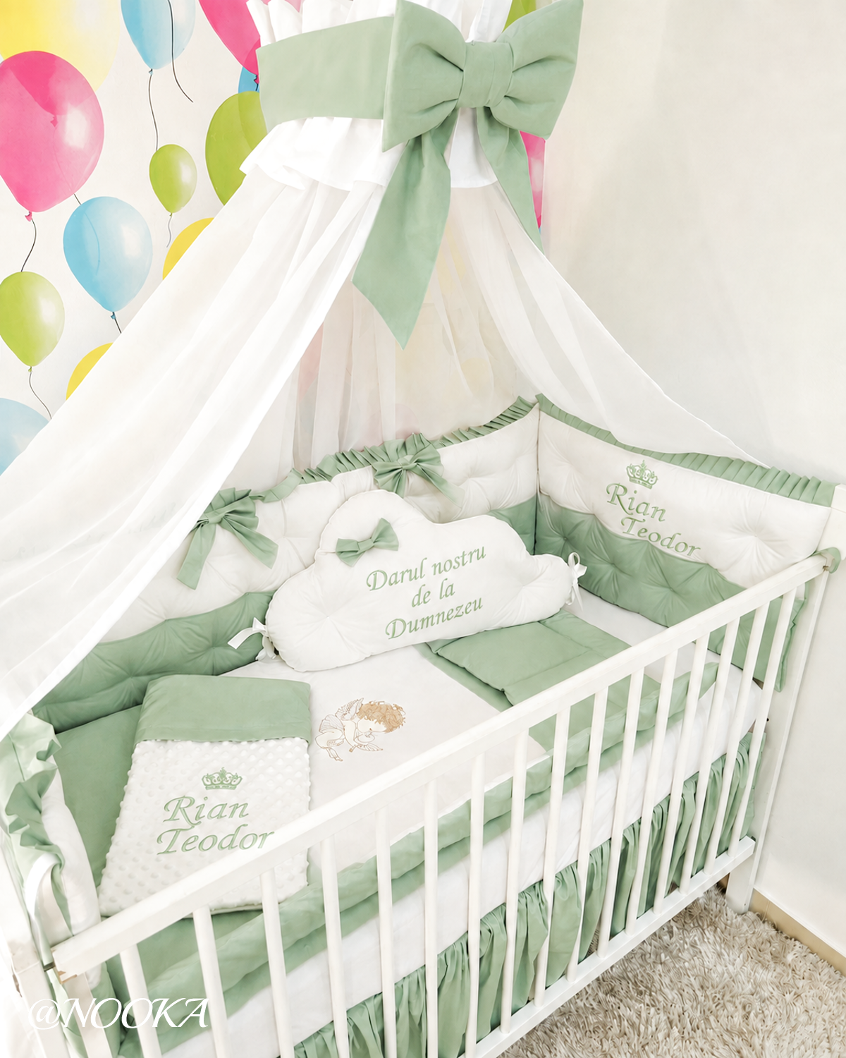 Set lenjerie PREMIUM laterale matlasate cu baldachin decorativ - NOOKA Sage Angel