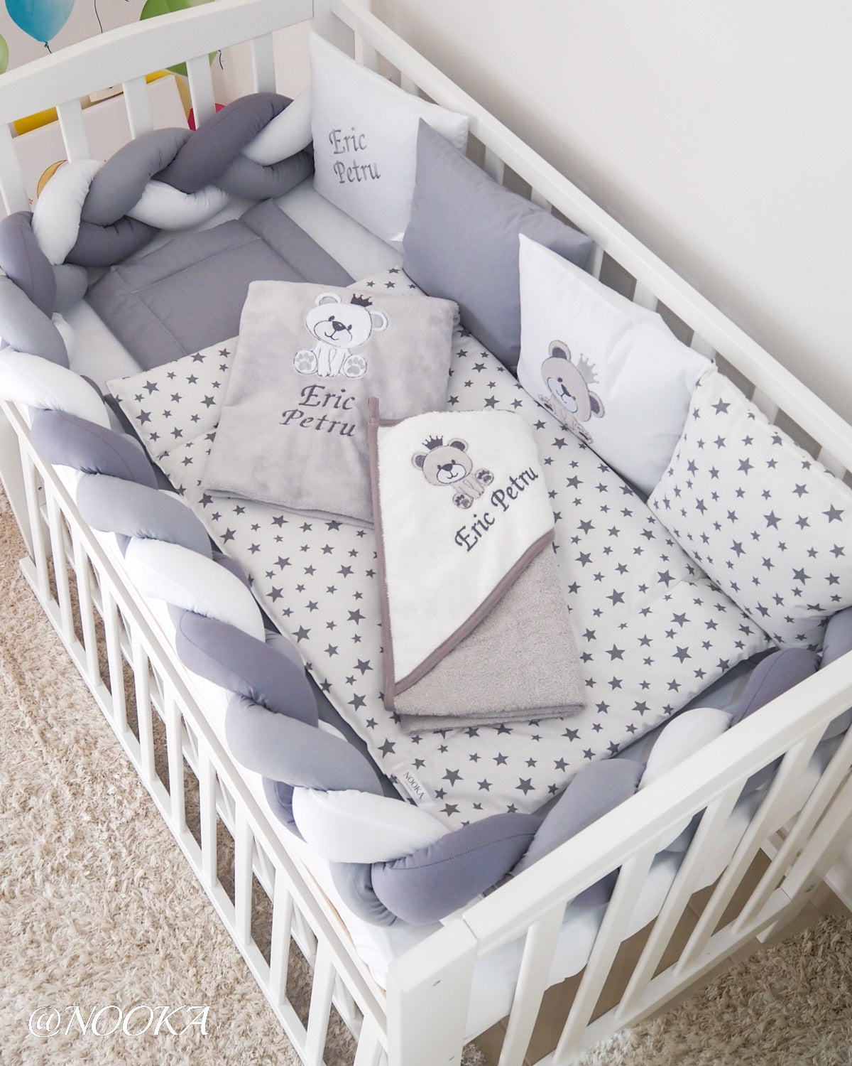 Set lenjerie PREMIUM cu laterale combinate bumper & tip perne- NOOKA Teddy King