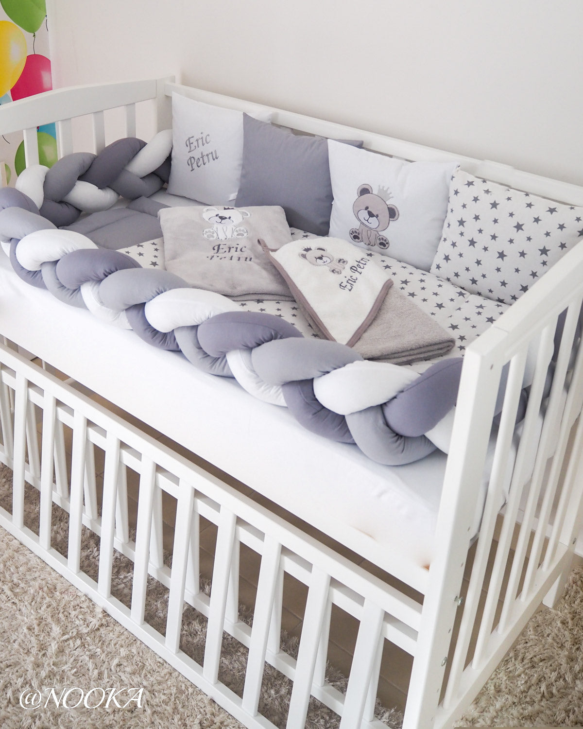 Set lenjerie PREMIUM cu laterale combinate bumper & tip perne- NOOKA Teddy King