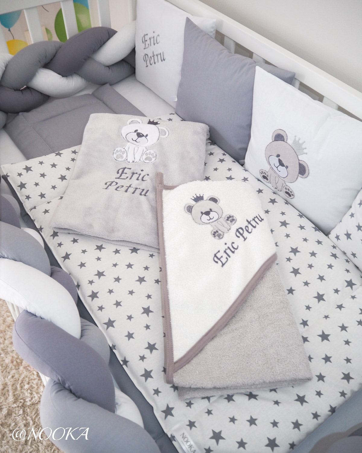 Set lenjerie PREMIUM cu laterale combinate bumper & tip perne- NOOKA Teddy King