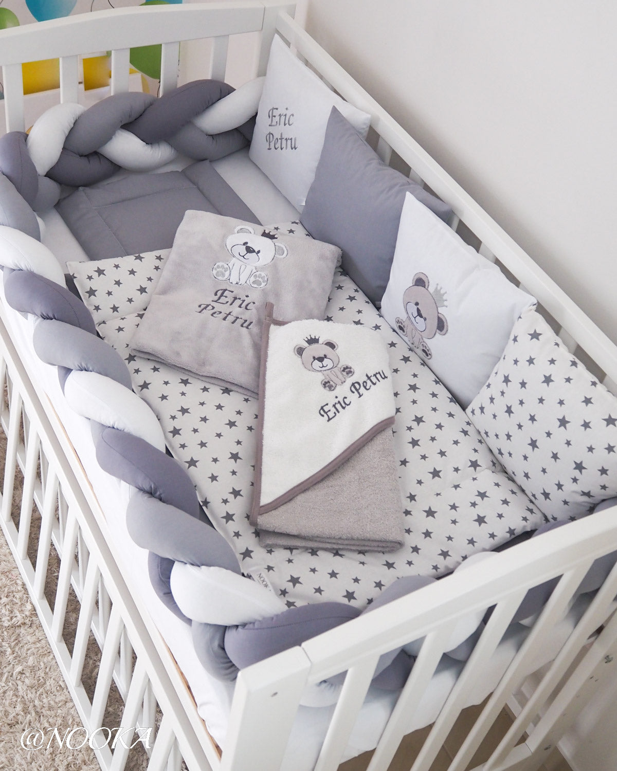 Set lenjerie PREMIUM cu laterale combinate bumper & tip perne- NOOKA Teddy King