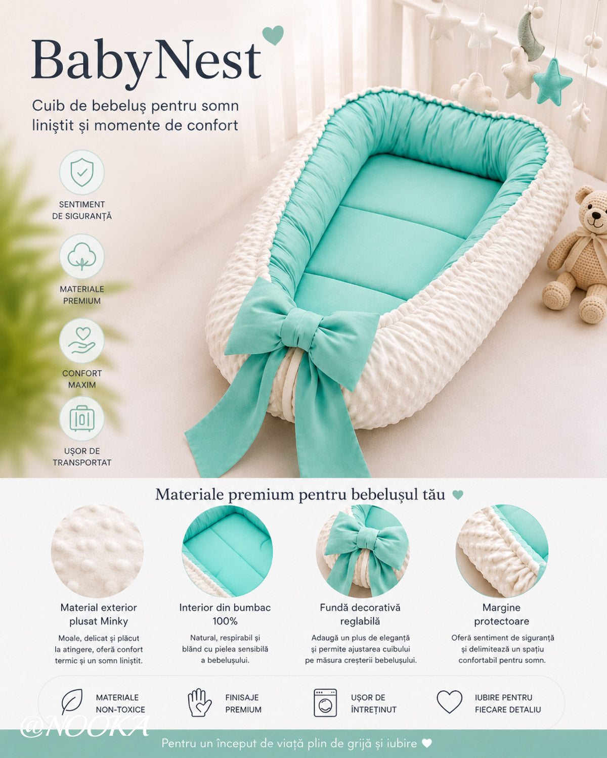 Baby Nest NOOKA - reversibil plush minky & bumbac