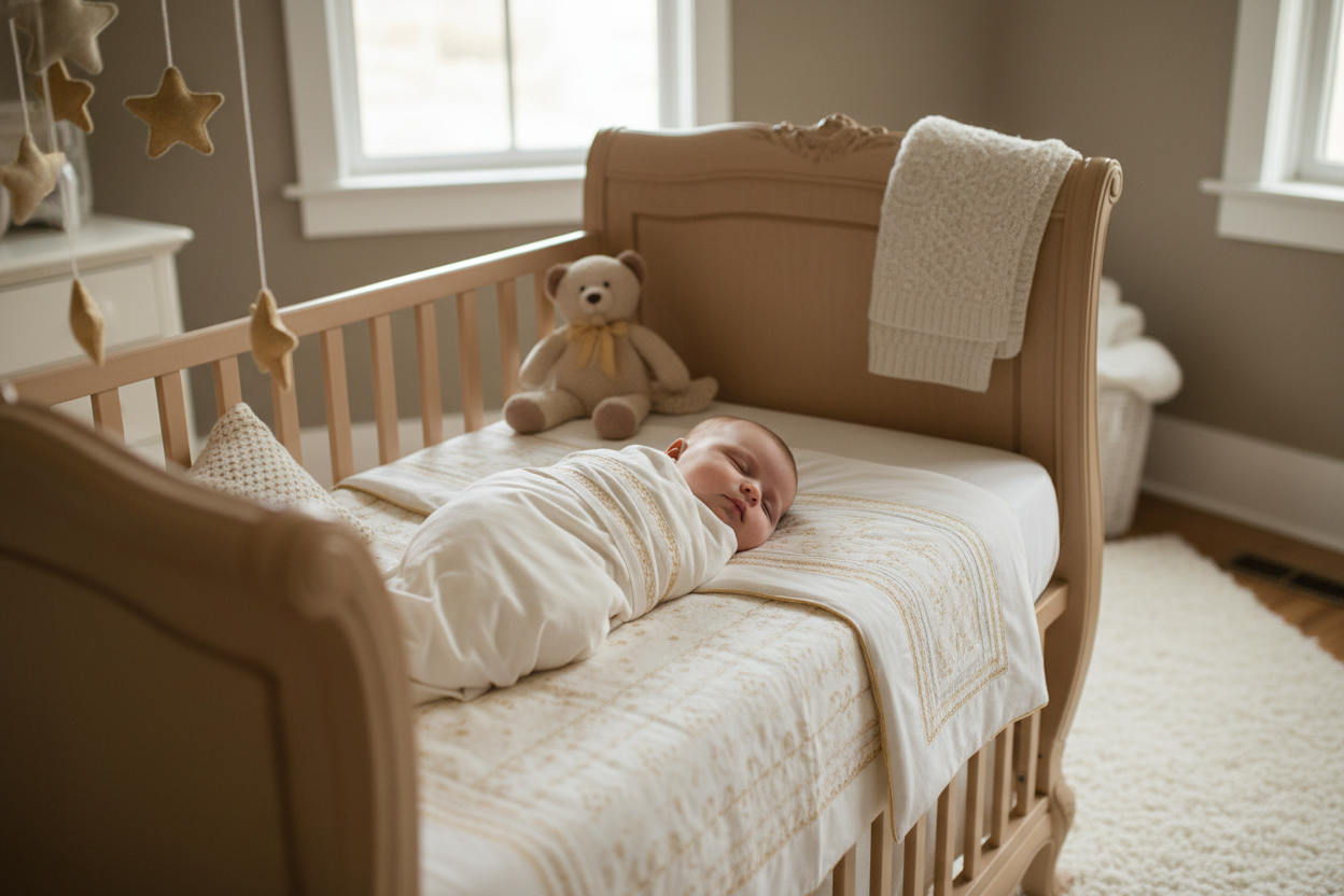 genereaza imagine pentru sectiunea media cu text. Un bebelus care doarme linistit intr-un patut 