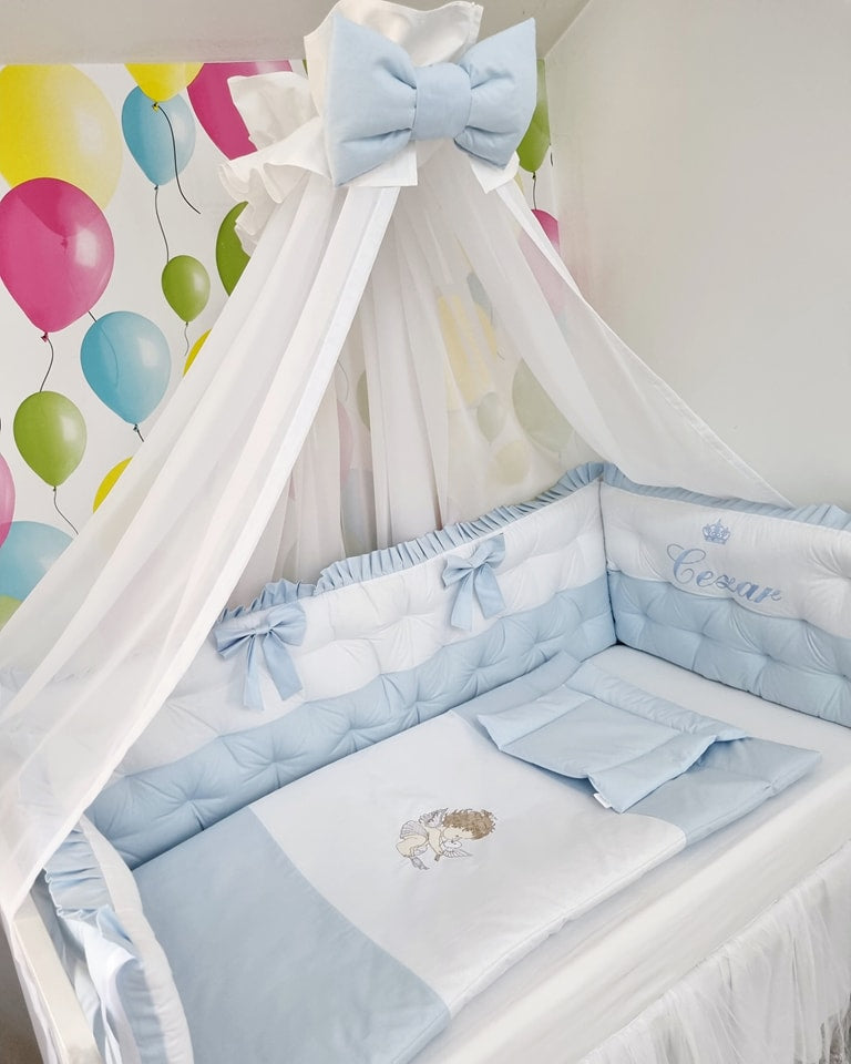 Set lenjerie PREMIUM laterale matlasate si baldachin decorativ - Bleu de poveste