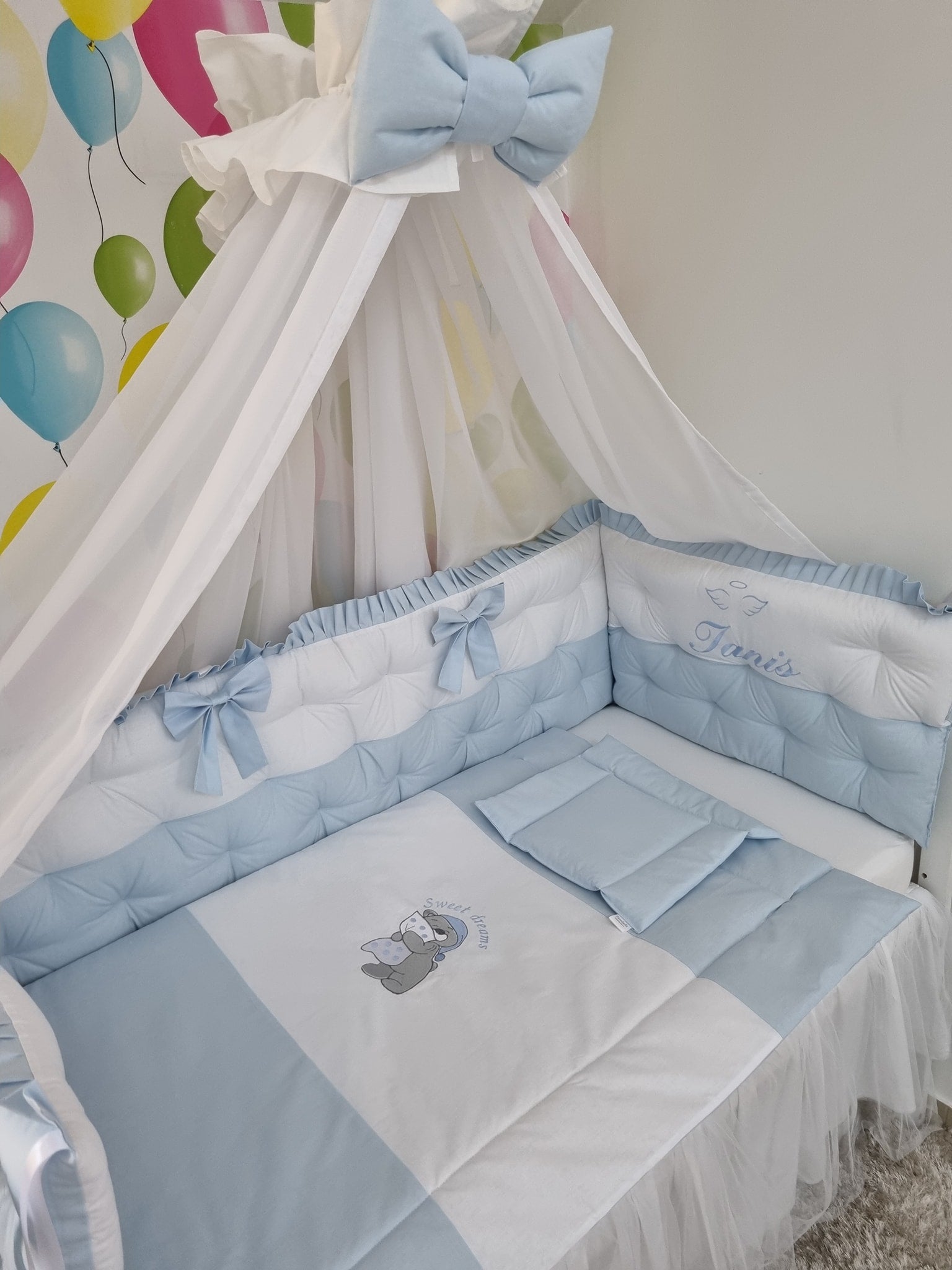 Set lenjerie PREMIUM laterale matlasate si baldachin decorativ - Bleu de poveste